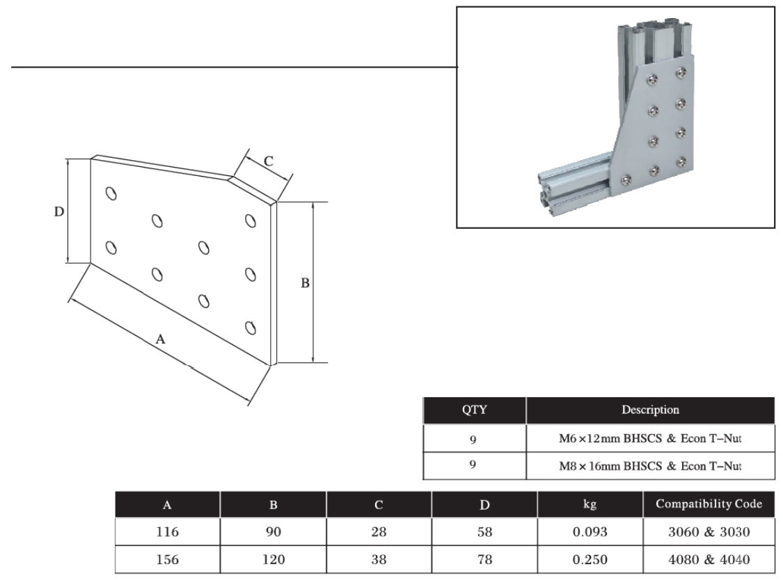 9L Bolts Reinforcement Connection Joining plate 4080 (9 L Joining plate) - Extrusion and CNC