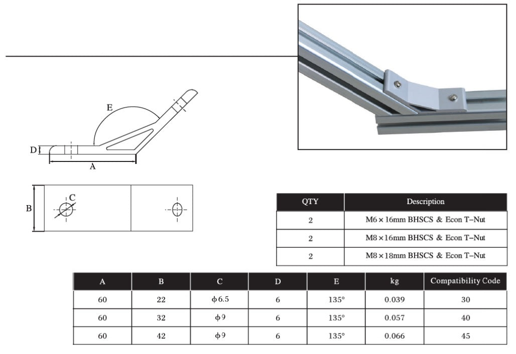 135 Degree Extrusion Brackets 2 bolts 2020 - Extrusion and CNC