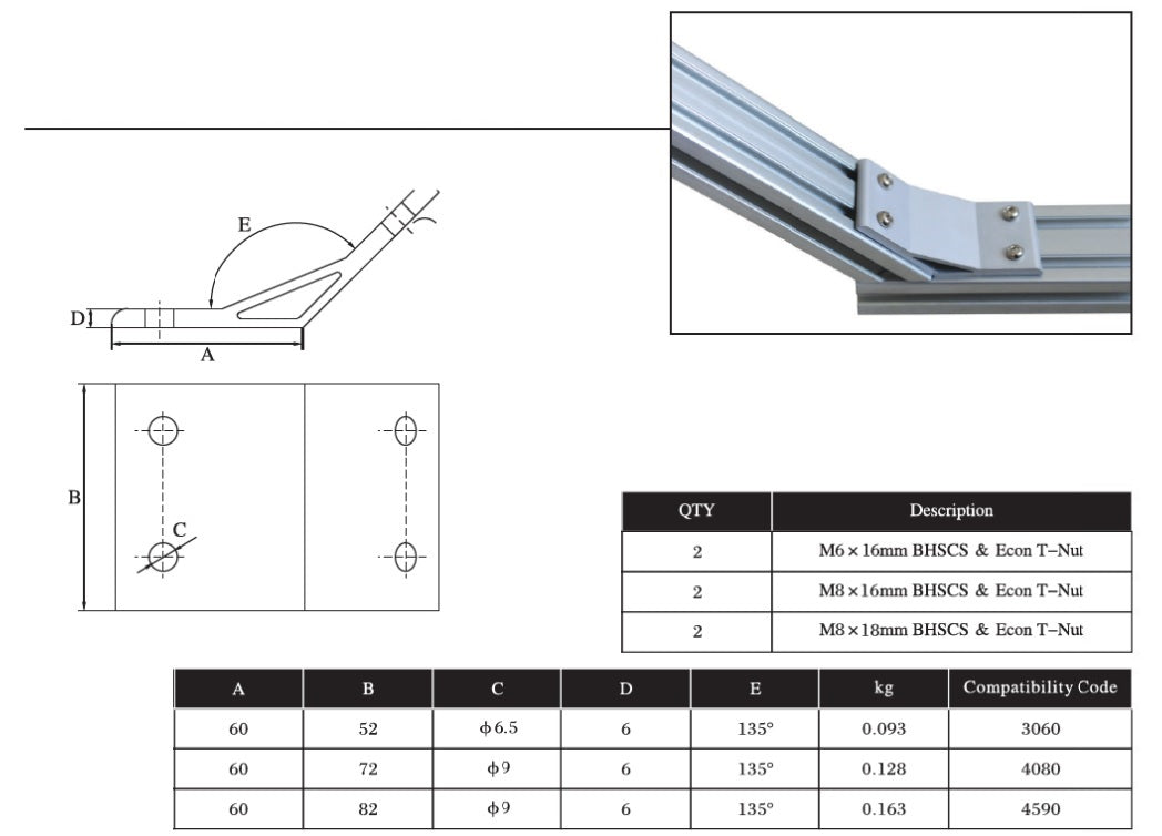 135 Degree Extrusion Brackets 4 bolts 6060 - Extrusion and CNC