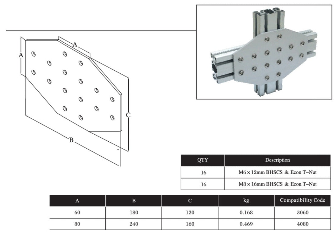 16 Cross  Bolts Reinforcement Connection Joining plate 8080 (16 Cross Joining plate) - Extrusion and CNC