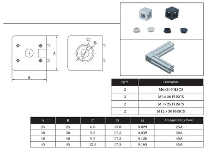 2 Sides Corner cube connector 30 series for extrusion aluminium profile 3030 with bolts and side covers - Extrusion and CNC