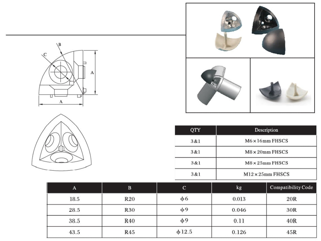 3 Ends Connection Bracket  2020 with three with lid and screw - Extrusion and CNC