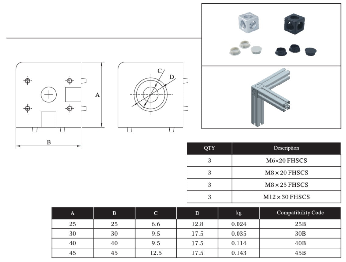 3 Sides Corner cube connector 40 series for extrusion aluminium profile 4040 with bolts and side covers - Extrusion and CNC