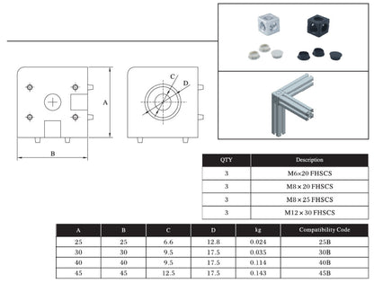3 Sides Corner cube connector 40 series for extrusion aluminium profile 4040 with bolts and side covers - Extrusion and CNC