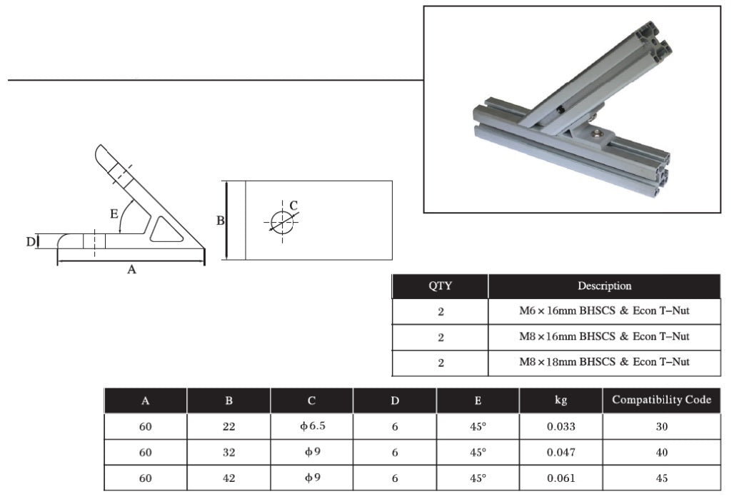 45 Degree Extrusion Brackets 2 bolts 2020 - Extrusion and CNC