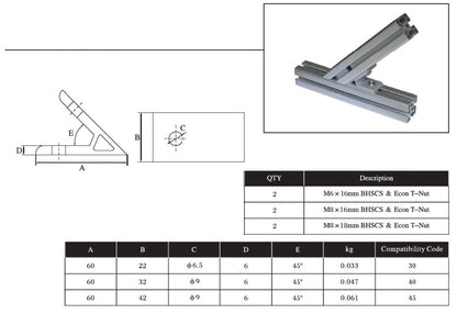 45 Degree Extrusion Brackets 2 bolts 2020 - Extrusion and CNC