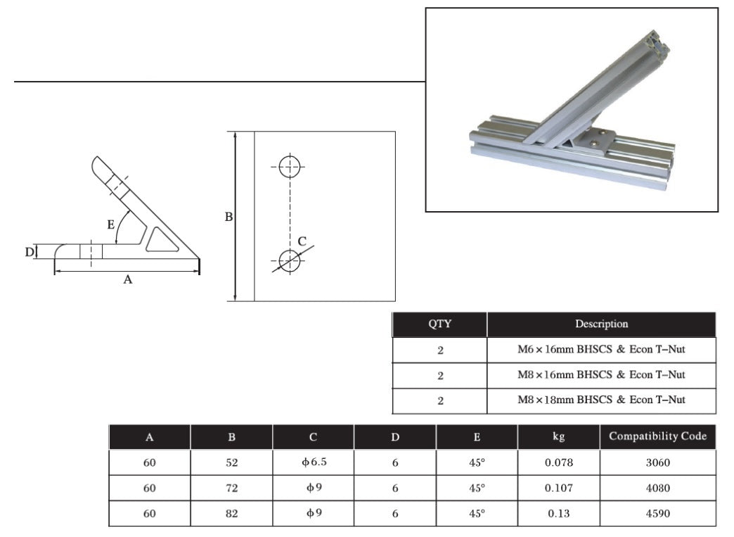 45 Degree Extrusion Brackets 4 bolts  6060 - Extrusion and CNC